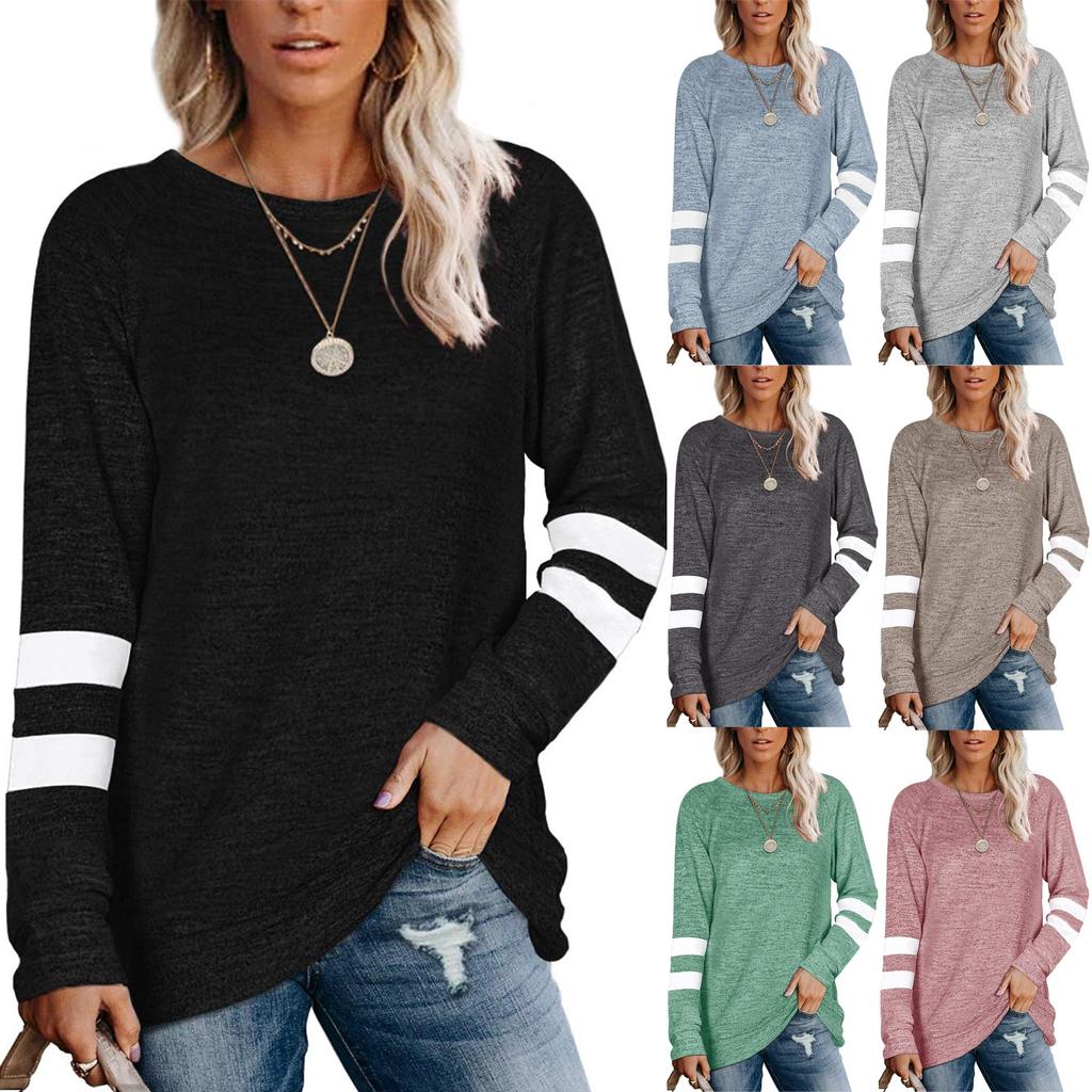 Fashion Casual Womens Long Sleeve Striped Spliced Tops Loose Sweatshirt