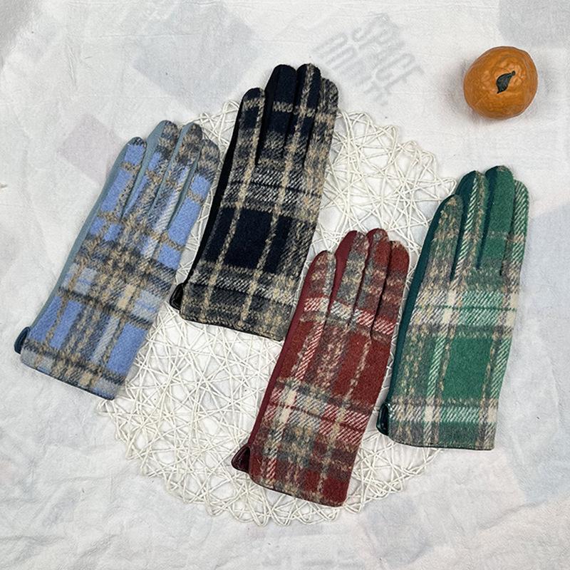 Woolen Plaid Gloves Popular Thermal Gloves Xiaoxiangfeng Women'S Touch Screen Gloves Versatile