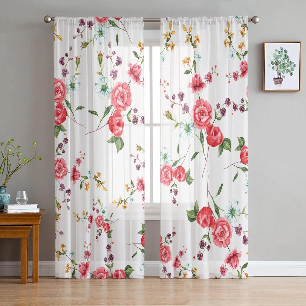 Valentine'S Day Flower Red Rose Flower Tulle Curtains for Living Room Kitchen Sheer Voile Curtain Bedroom Window Panels