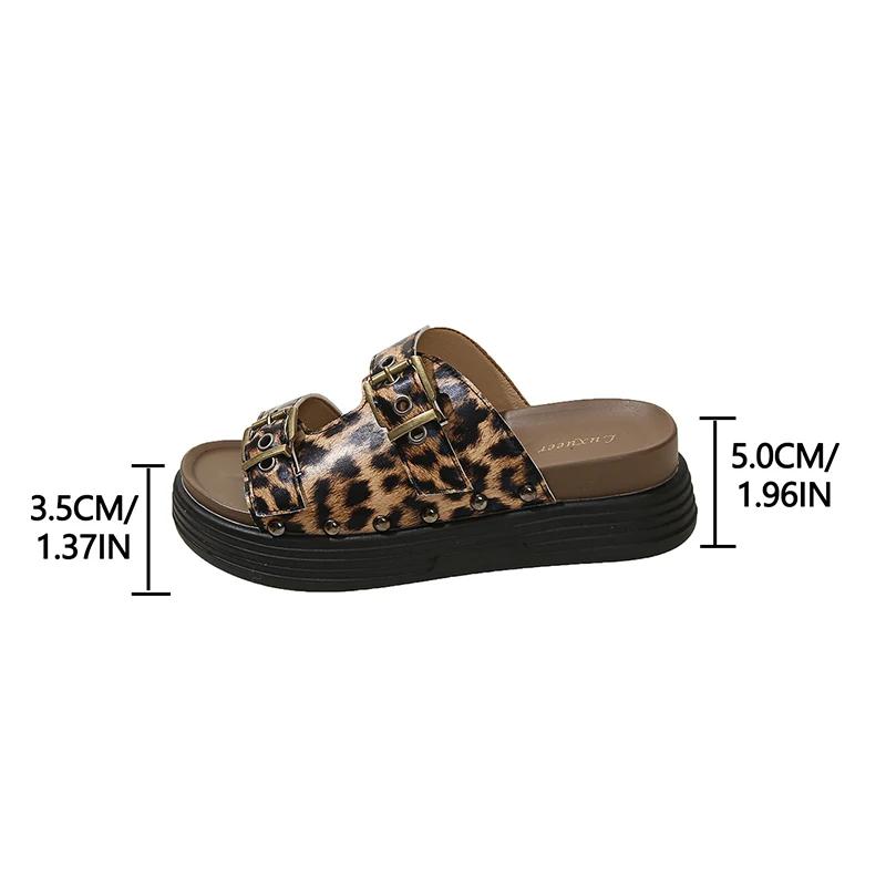 Fashion New Leopard Double Buckle Sandal for Woman Fashion 2025 Med Heel Flat Sandals Women Summer Non Slip Platform Sandal Female