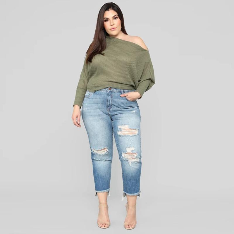 2024 Women's Cropped Jeans with Fashionable Holes and Irregular Pants