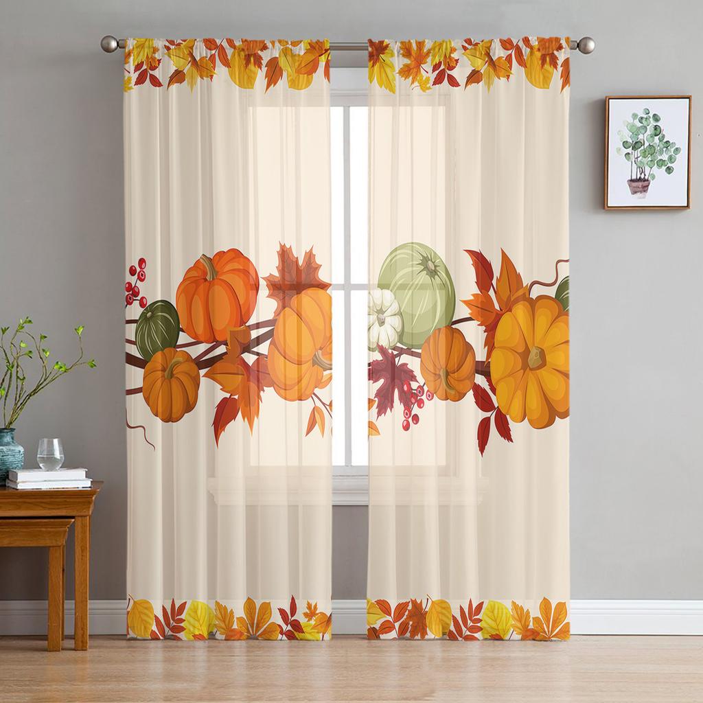 Thanksgiving Pumpkin Maple Leaf Sheer Drapes for Living Room Decoration Window Curtain Kitchen Curtain Panels
