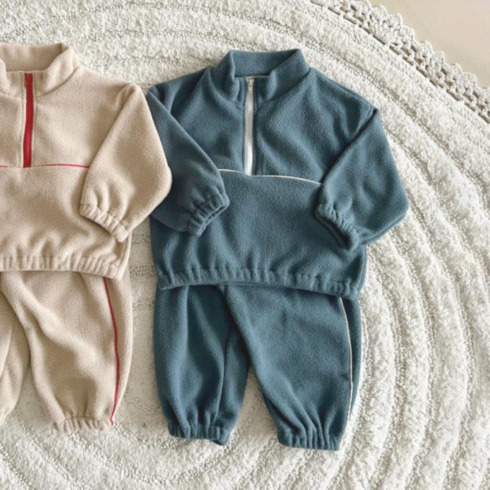 Men's and Children's Double-Sided Fleece Stand Collar Zipper Set: Autumn/Winter Casual and Plus Velvet Sportswear Two-Piece.