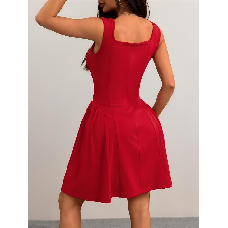 Fashion Solid Color Party Square Neck Backless Mini Slip Dresses 2025 New Elegant High Waist Club Pleated Short Dress