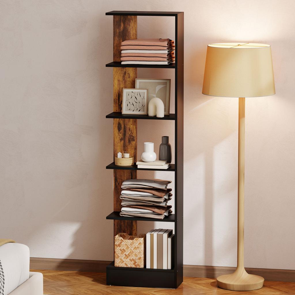 Modern Space-Saving 5-Shelf Bookcase in Wood 45x21x170 cm, Brown and Black