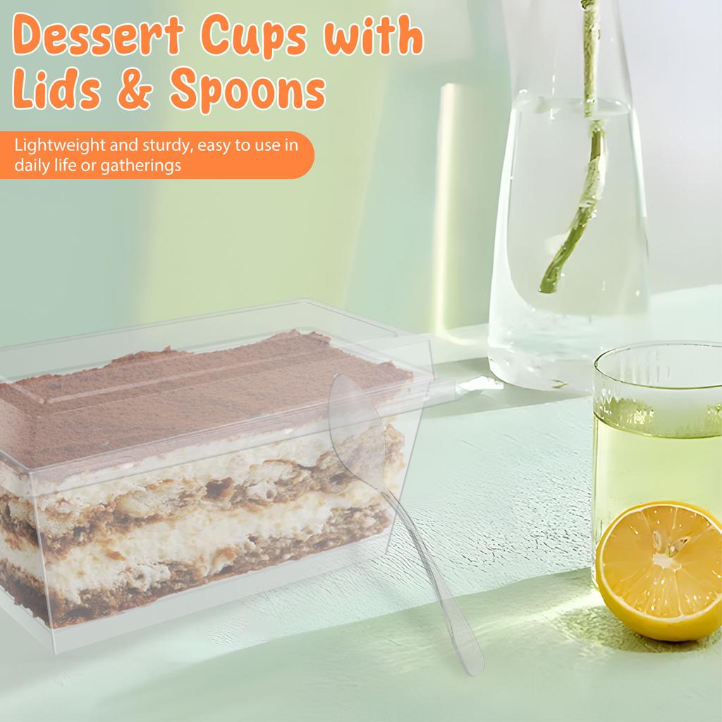 50 Pcs Dessert Cups with Lids and Spoons Clear Parfait Cups Reusable Appetizer Cups Plastic Serving Bowls Rectangle Pudding Cups