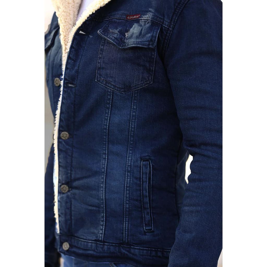 Blue Men's Denim Jacket With Fur Inside 
