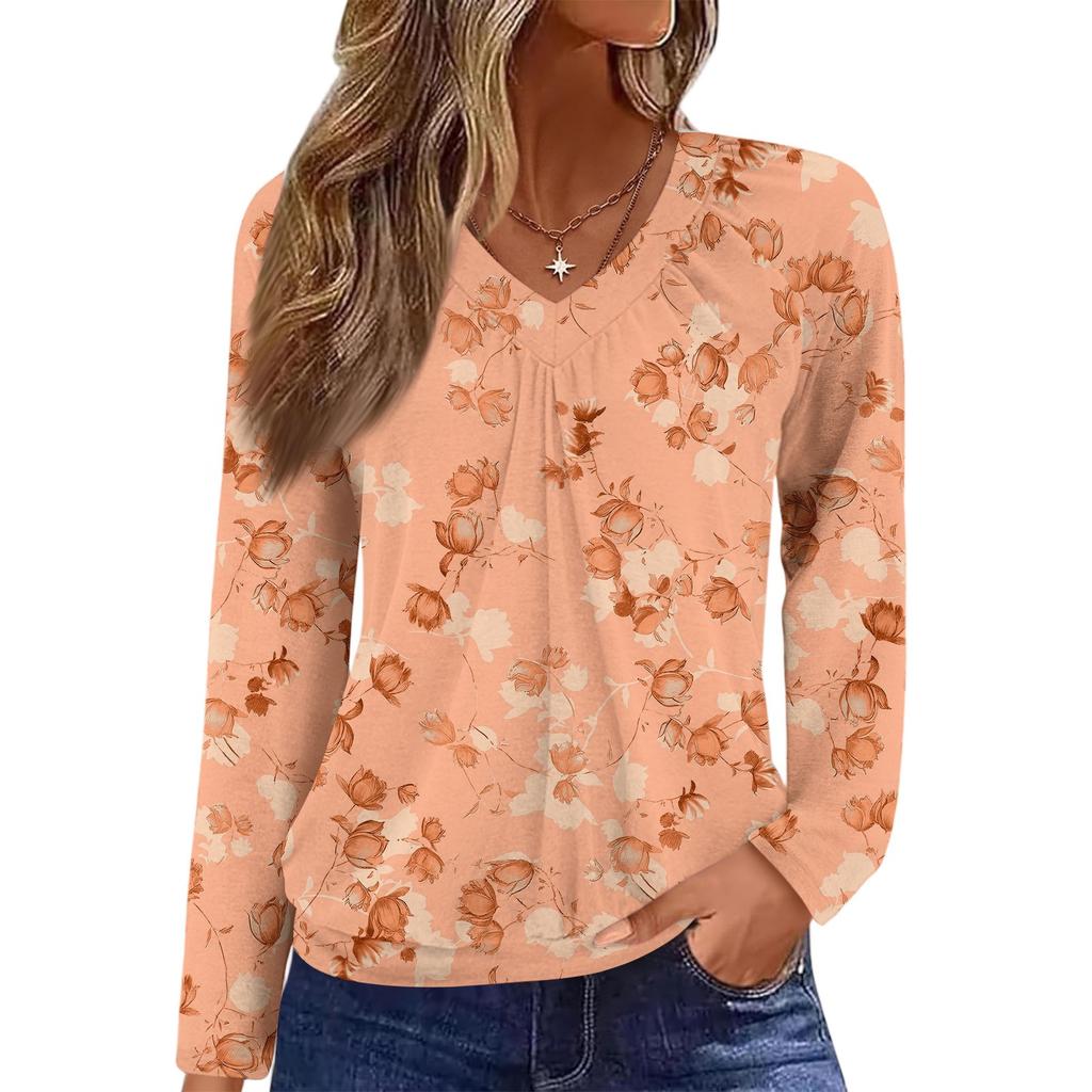 Women's Casual Fashion V-Neck Raglan Pleated Floral Print Long Sleeve Top