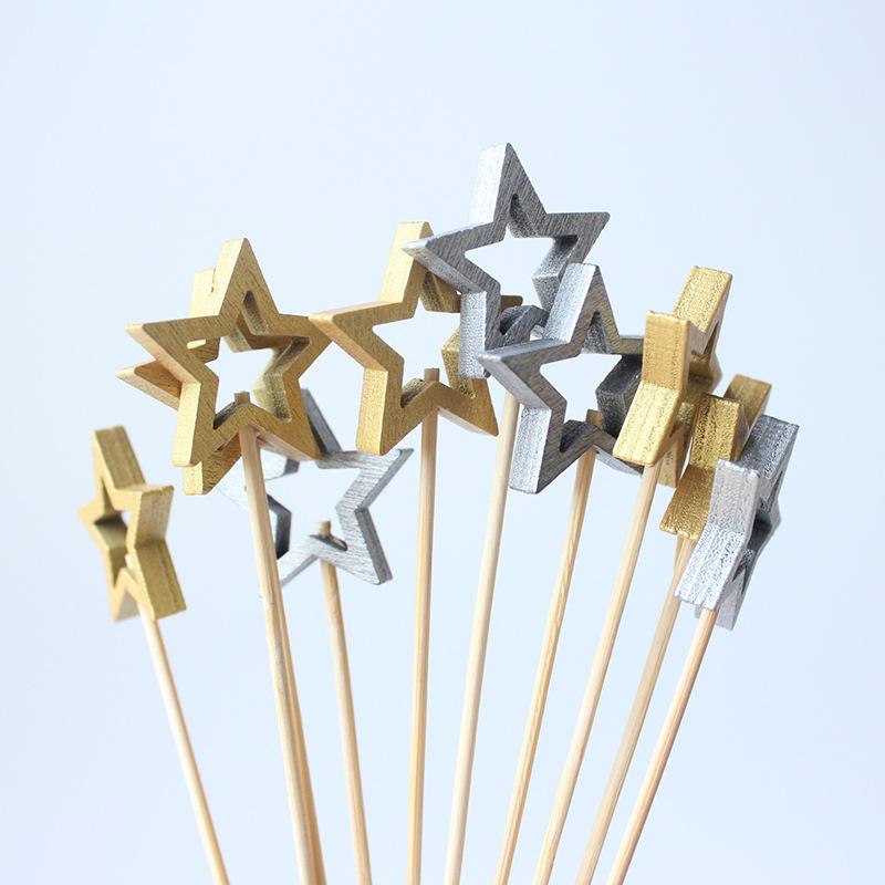 50Pcs Pentagram Stick Hollow Star Bamboo Skewer Fruit Stick Fashionable Cake Insertion Stick Cocktail Decoration