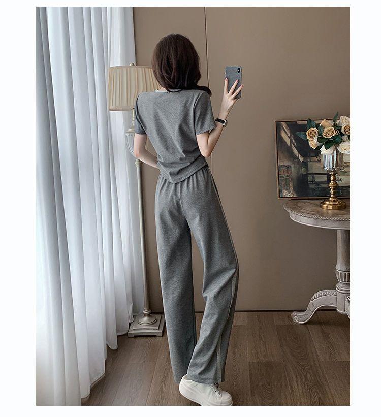 Women's Summer Casual Two-Piece Set: Stylish Korean Short Sleeve Top & Wide Leg Pants