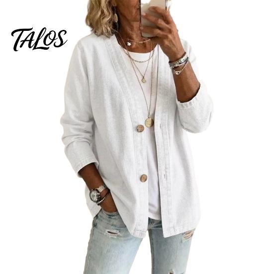 Talos Women's Button Front Faux Denim Jacket, V Neck Long Sleeve Casual Coat, Vintage Loose Fit Imitation Jeans Cardigan