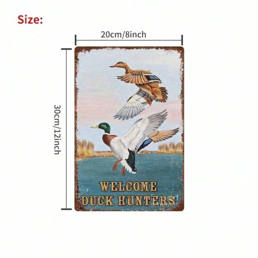 1pc Vintage Welcome Duck Hunters Tin Sign, Duck Flying Over Water Metal Wall Art, Rustic Hunting Decor for Bedroom Bar Garage