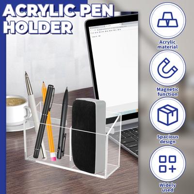 Acrylic Magnetic Pen Holder Dry Erase Marker Holder with 2 Compartment Nonslip Whiteboard Pen Storage Holder for Refrigerator