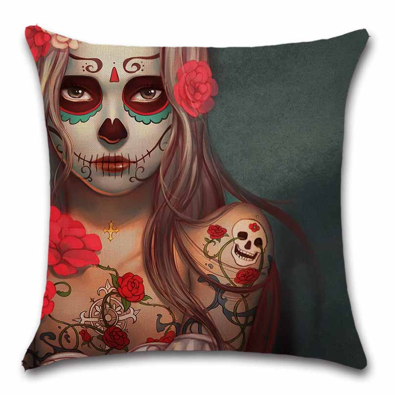 Home Sofa Seat Car Friend Office Gift Pillow Cover Skull Mexican Day of The Dead Goth Girl Linen Cushion