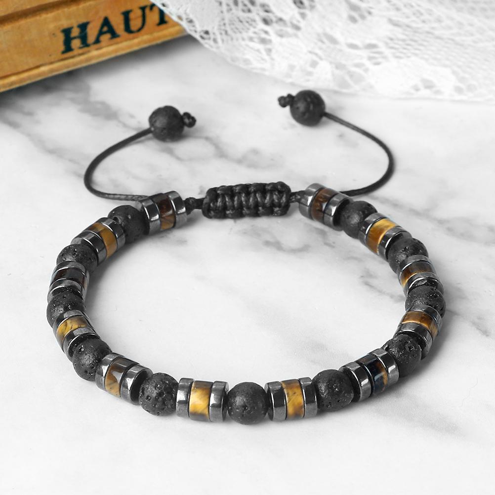 Natural Volcanic Stone Bracelet Handmade Adjustable Size Hematite Tiger Eye Stone Cylindrical Beads Bracelets Men Yoga Bangles