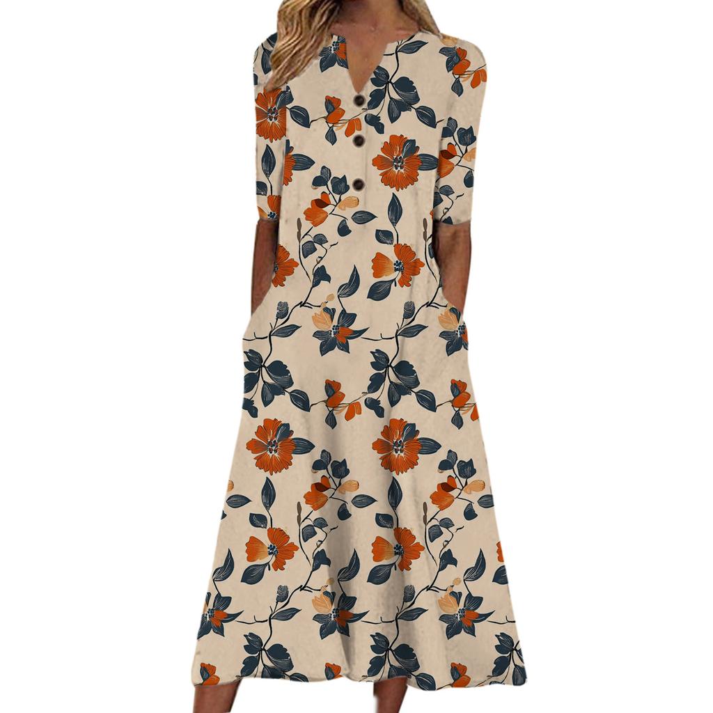 Floral Print V-Neck Mid-Sleeve Casual Dress with Pockets, Button Front, Loose Fit - White/Light Blue/Pink