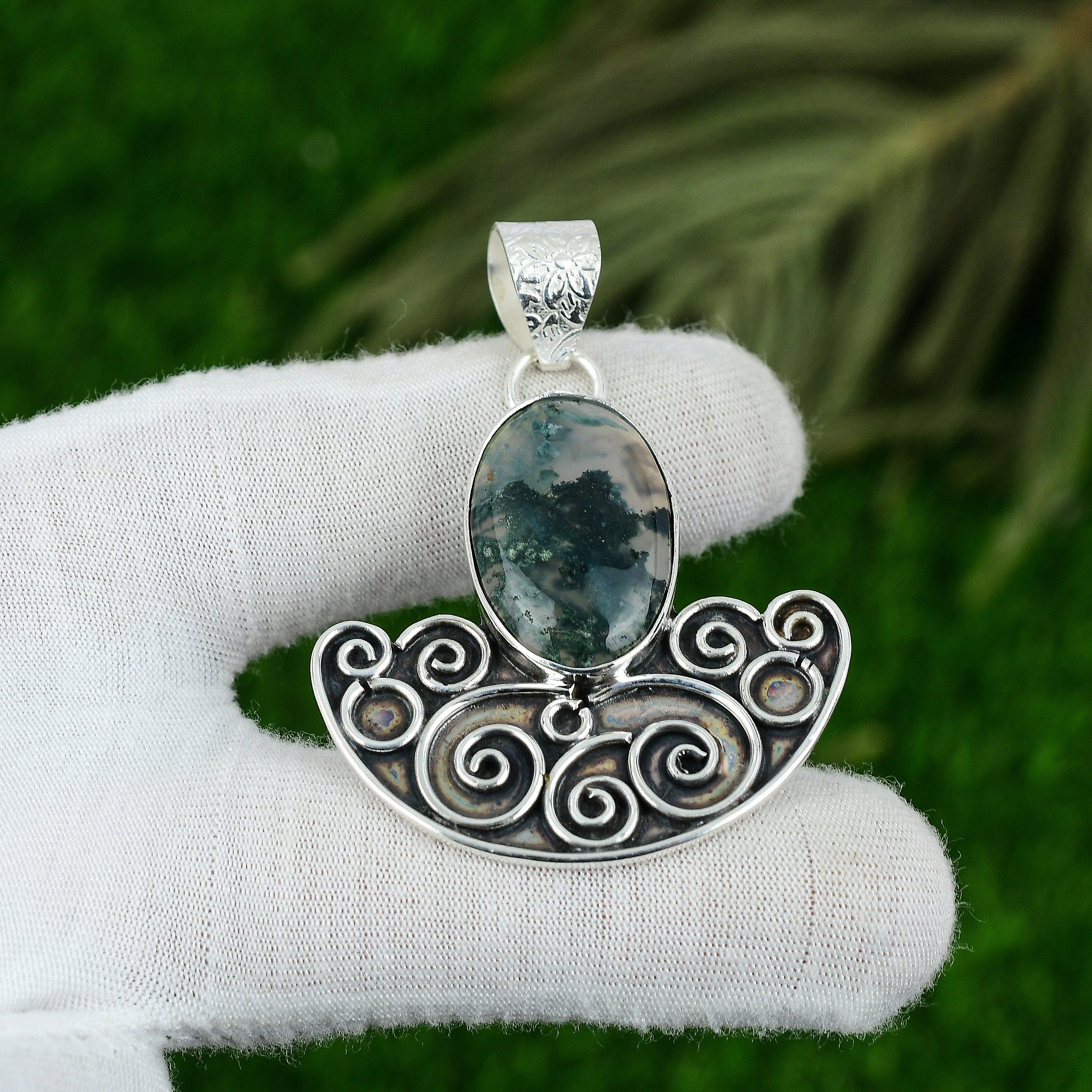 Mothers day Sale Sterling Silver Natural Solar Moss Agate Unique Pendant Jewelry