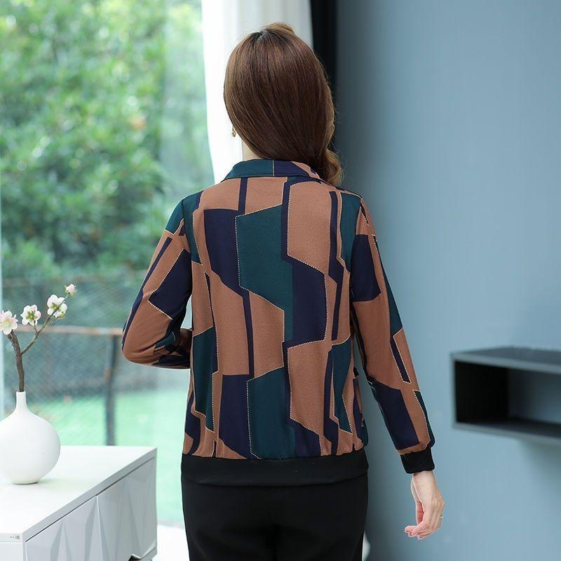 Autunno Inverno Nuovo Cappotto Corto Donna Anziana di Mezza Età Stampa Rever Tasca con Cerniera Manica Lunga Sottile Ampio Versatile Giacca Top
