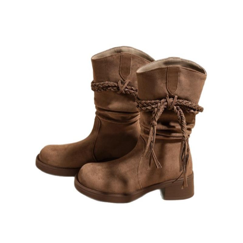 Wasteland Cowhide Edition Coarse Heel Knight Boots Women's Boots But Knee Western Cowboy Boots Tassel Pile Boots Martin Boots