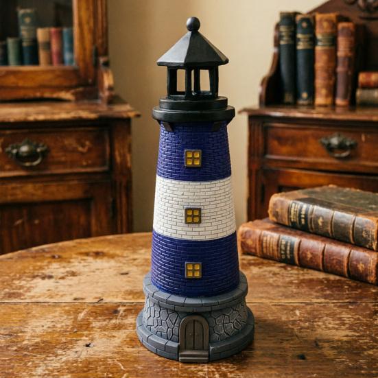 Lighthouse Ornaments Solar Powered with Rotating Light Effect Ornament Waterproof Resin Garden Decor for Lawn Patio Balcony