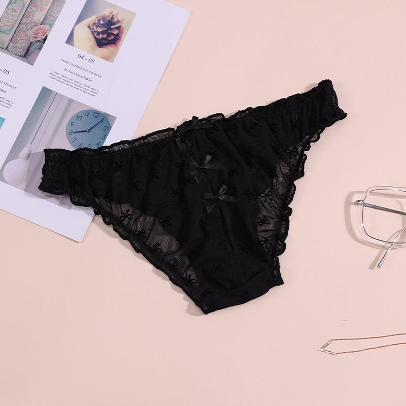 

Charming Bowknot Mesh Ruffle Low-Waist Panties with Cotton Crotch Large чорний