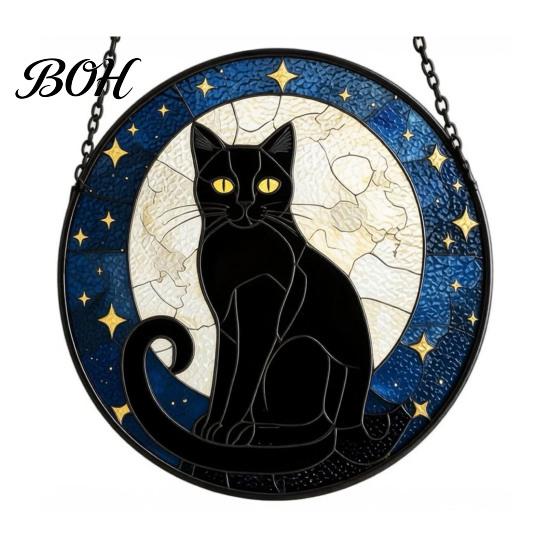 Witchcraft Aesthetic Room Decor Halloween Moon Black Cat Suncatcher Jigsaw Puzzle, 2D Acrylic Mystical Feline Window Hanging Decor, 7.87 Inch