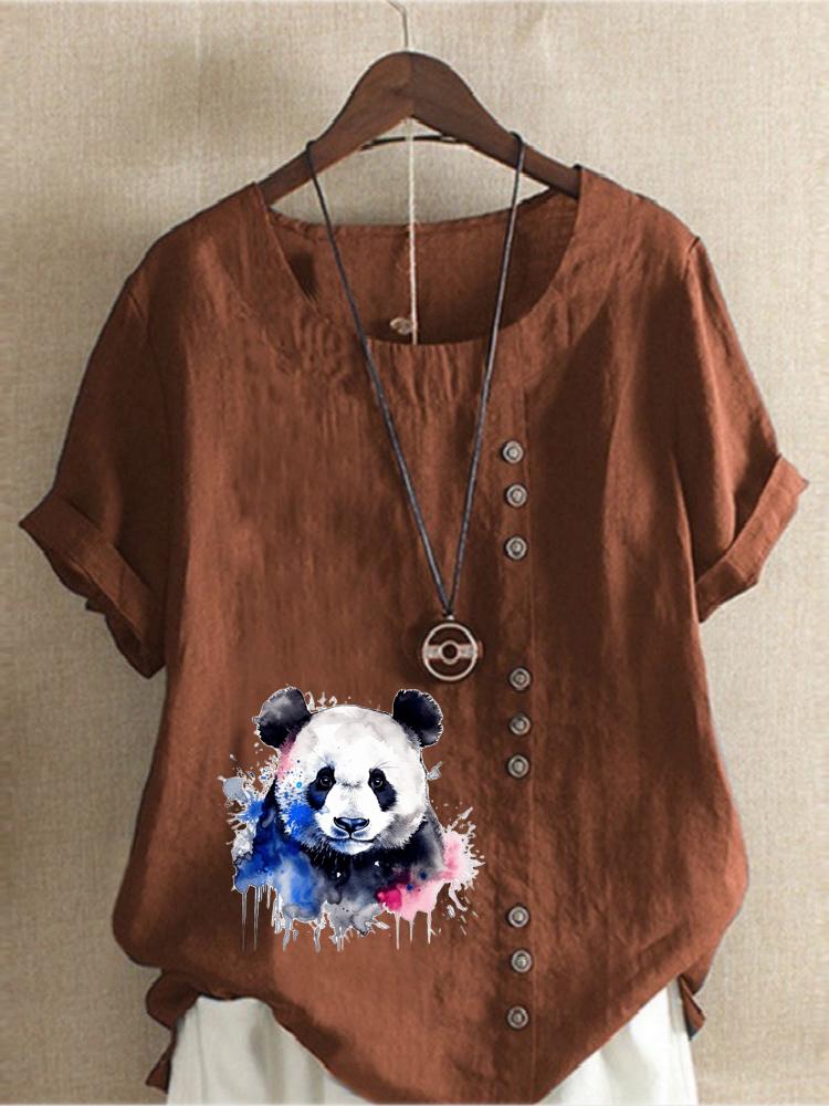 Women's Fashion Panda Print Round Neck Short Sleeve T-shirt Casual Cotton Linen Graphic Shirt Leisure Loose Summer Blouse Tops