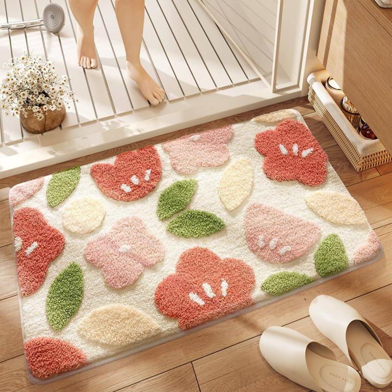 Fluffy Rainbow Heart Doormat Non Slip Water Absorbent Floor Mat for Bathroom Shower Kids Bedroom Home Decor