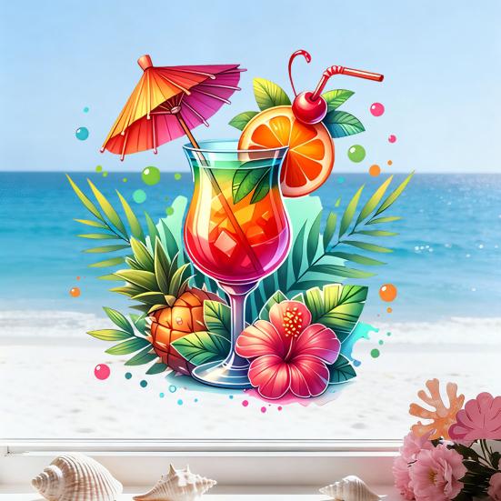Summer Window Clings Cocktail Pineapple Hibiscus Flower Beach Pool Party Static PVC Stickers for Hawaiian Tropical Theme Home Decor
