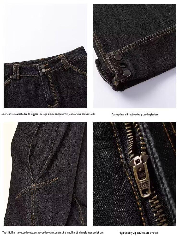 2024 Unisex Washed Black Retro High-Waist Loose Wide-Leg Mopping Jeans