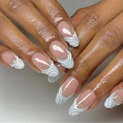 24 Pieces 3D Three-dimensional Water Ripple Wearing Nail French Light Blue Manicure Fake Nail Short Simple Nail Piece