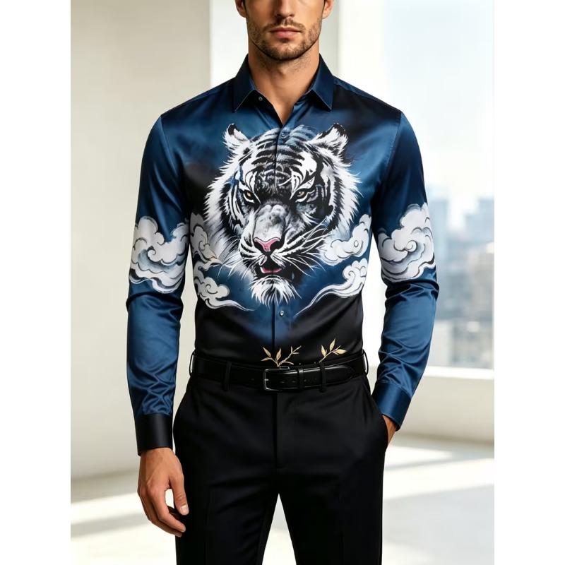 New men's long sleeved shirt with wine red gold chain diamond shaped 3D pattern printing, slim fit collar single shirt