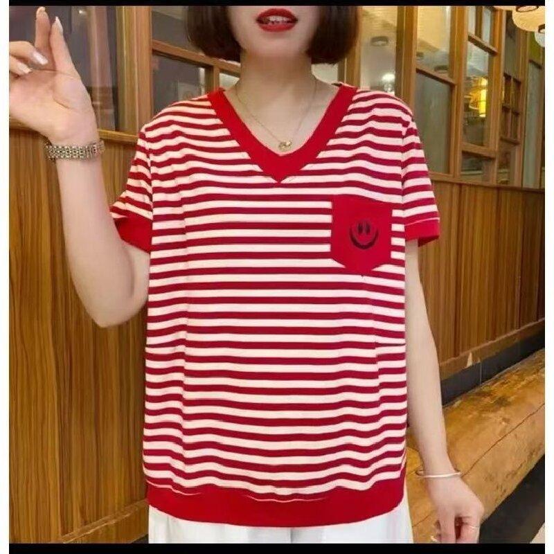 Women's Fashion Casual Summer Spring Stripe Print Short Sleeve V-Neck Blouses & Shirts