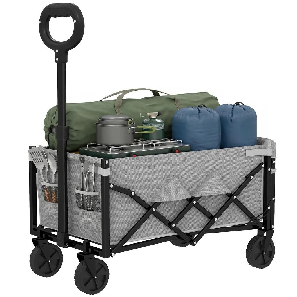 60L Foldable Festival Trolley on Wheels, Collapsible Wagon Cart with Drop-Down Tailgate, Adjustable Handle, Grey