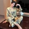 1111 New Pajamas Women's Spring and Summer Satin Long-sleeved Trousers Two-piece Set Can Be Worn Outside Green Fruit Collar Loungewear