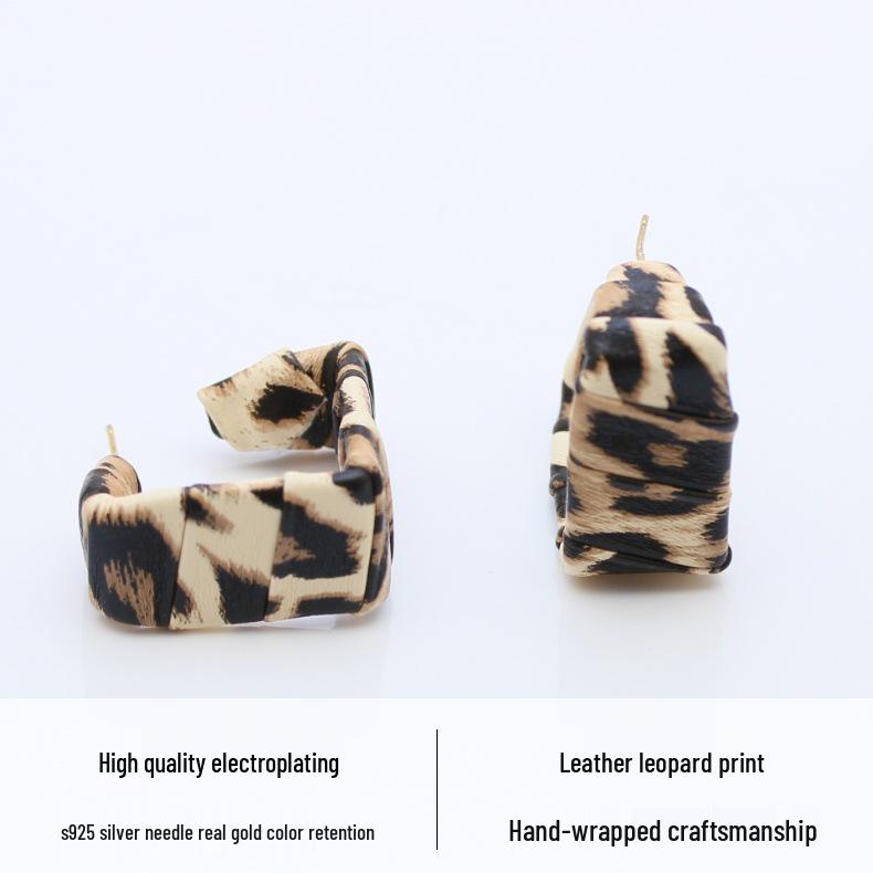Geometric Silver Needle Earrings with Leopard Print Leather and Maillard Style Ear Cuffs