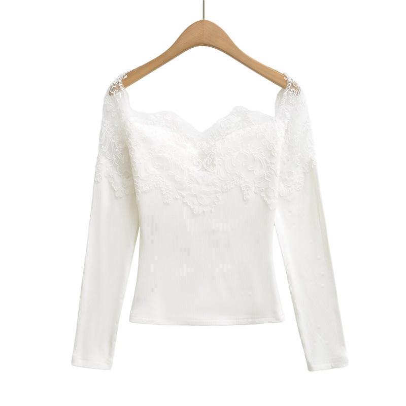 Sweet & Spicy One-Shoulder Lace Long-Sleeve Slim Velvet T-Shirt