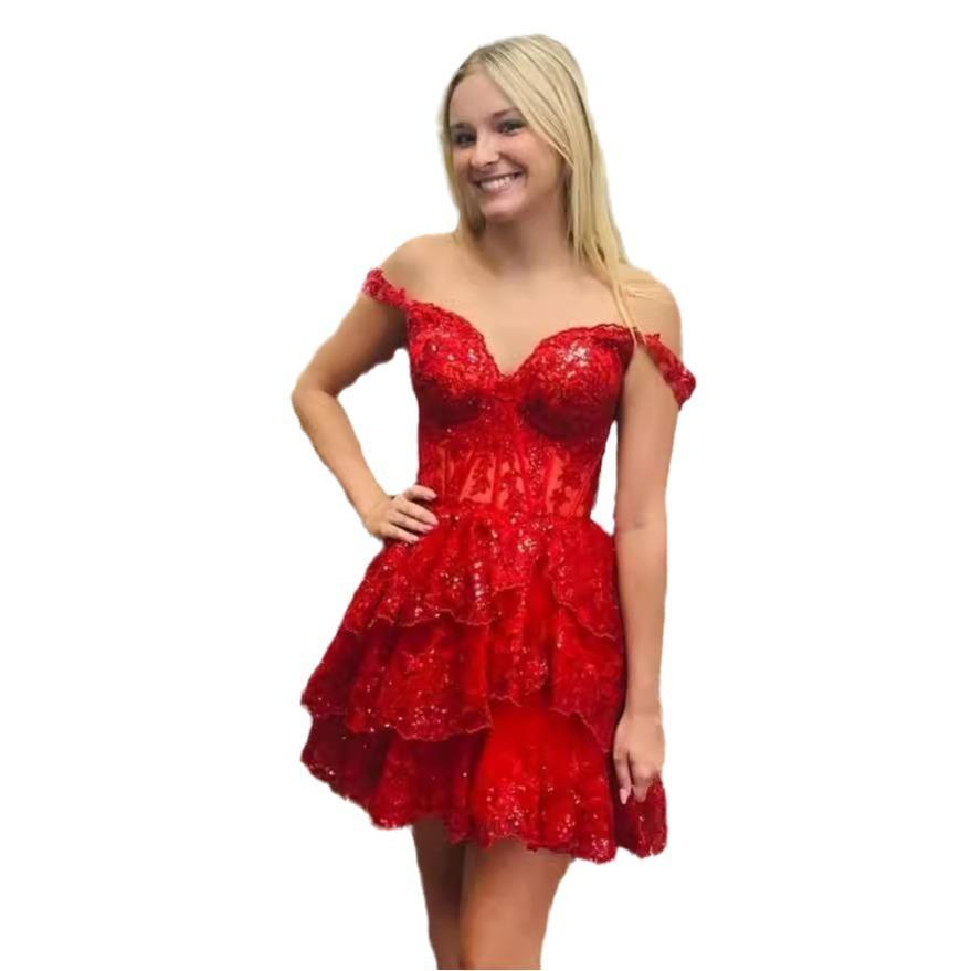 European and American lace cocktail sparkling sequined reunion dress teen off-the-shoulder short prom dress spring and summer new