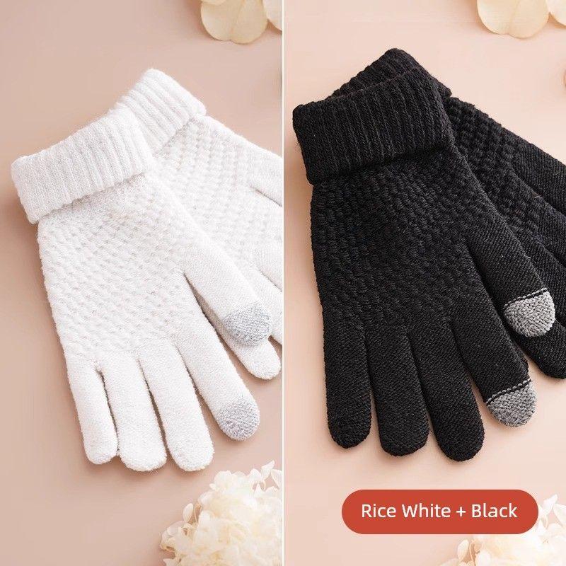 

Fleece-lined Thickened Cold Protection Outdoor Wool Touch Screen Gloves Hot: [Black + White] touch screen/no hair One size