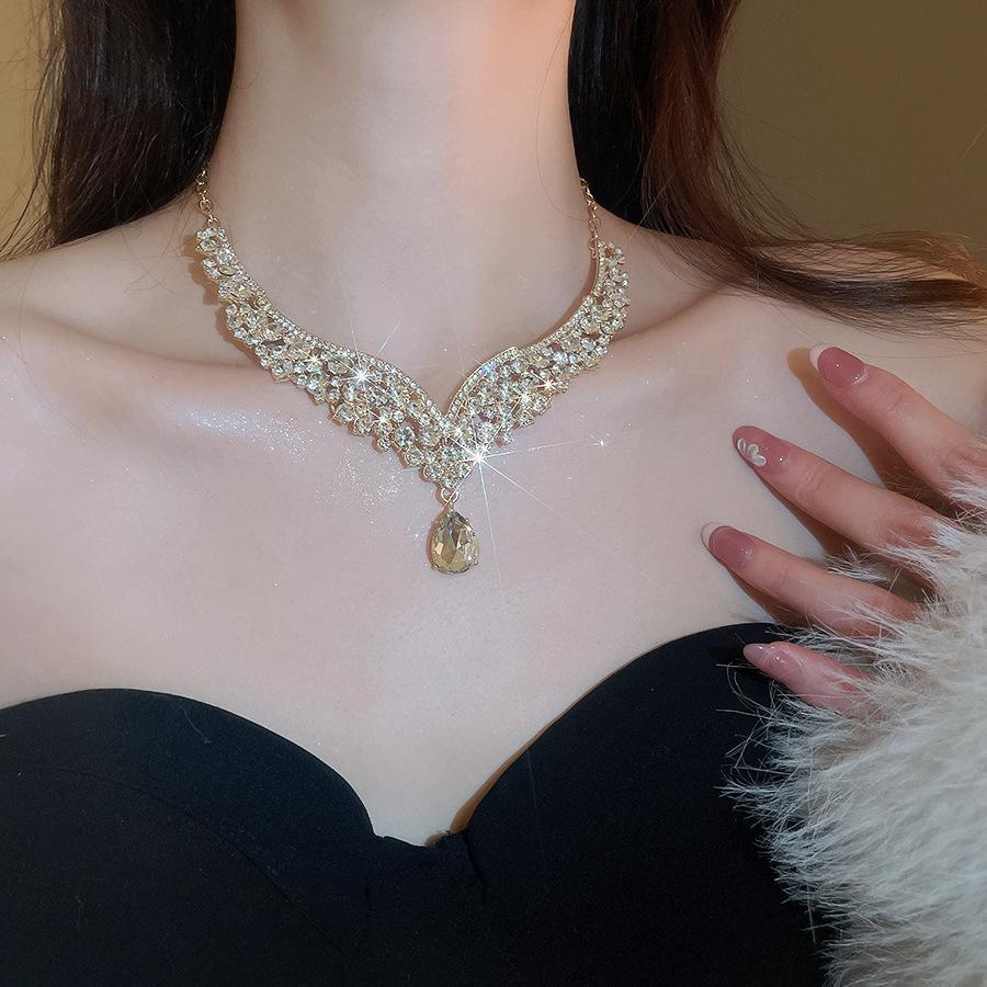 Two-Piece Rhinestone Inlaid Water Drop Earrings & Necklace - European Retro Luxury Style for Women