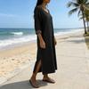 Women's Faux Denim Maxi Dress V Neck 46085 Sleeve Loose Long Dress