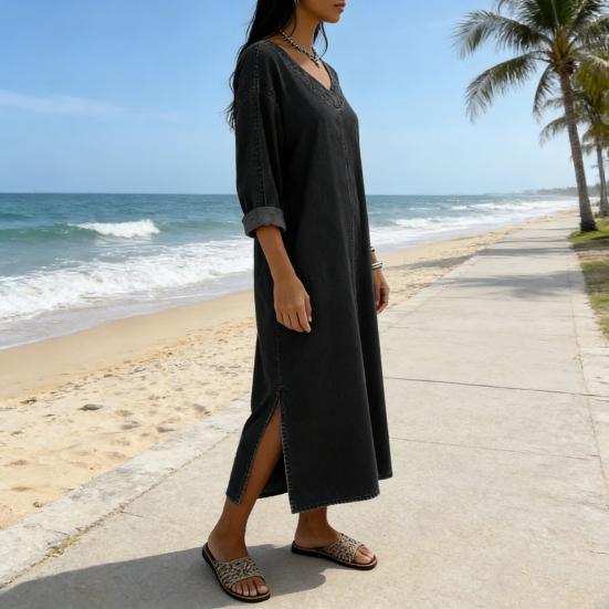 Women's Faux Denim Maxi Dress V Neck 46085 Sleeve Loose Long Dress