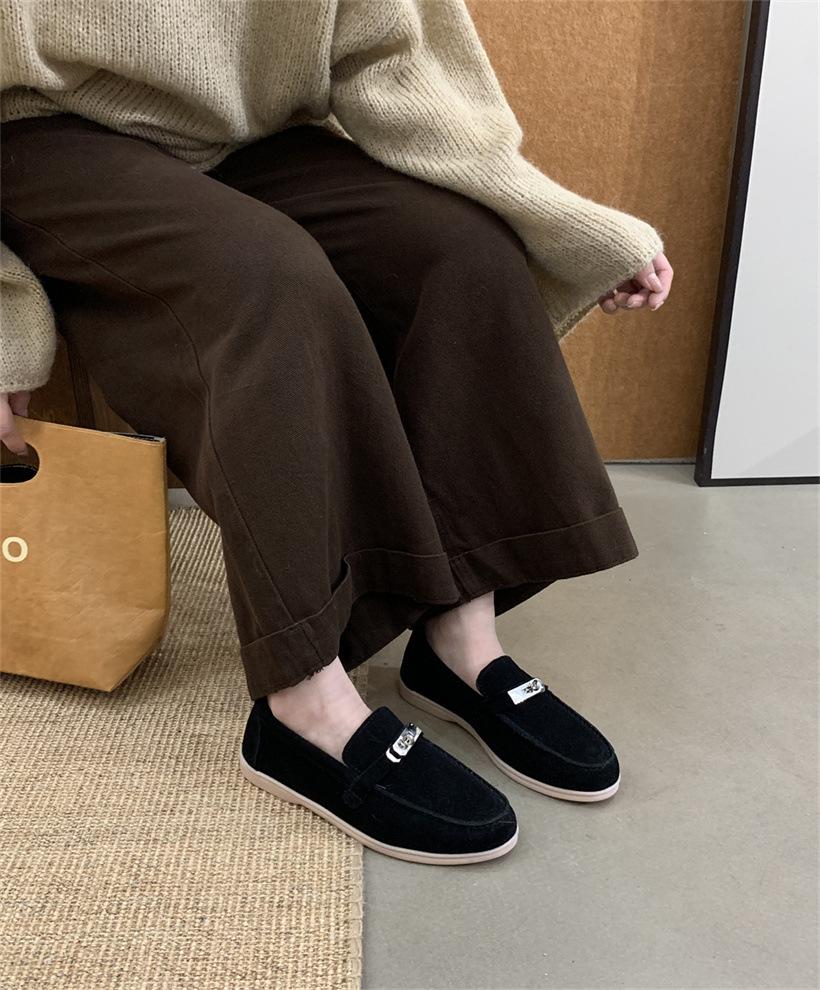 Retro suede loafers Doudou shoes one-pedal single shoes autumn and winter soft-soled low-heeled women's shoes British small leather shoes