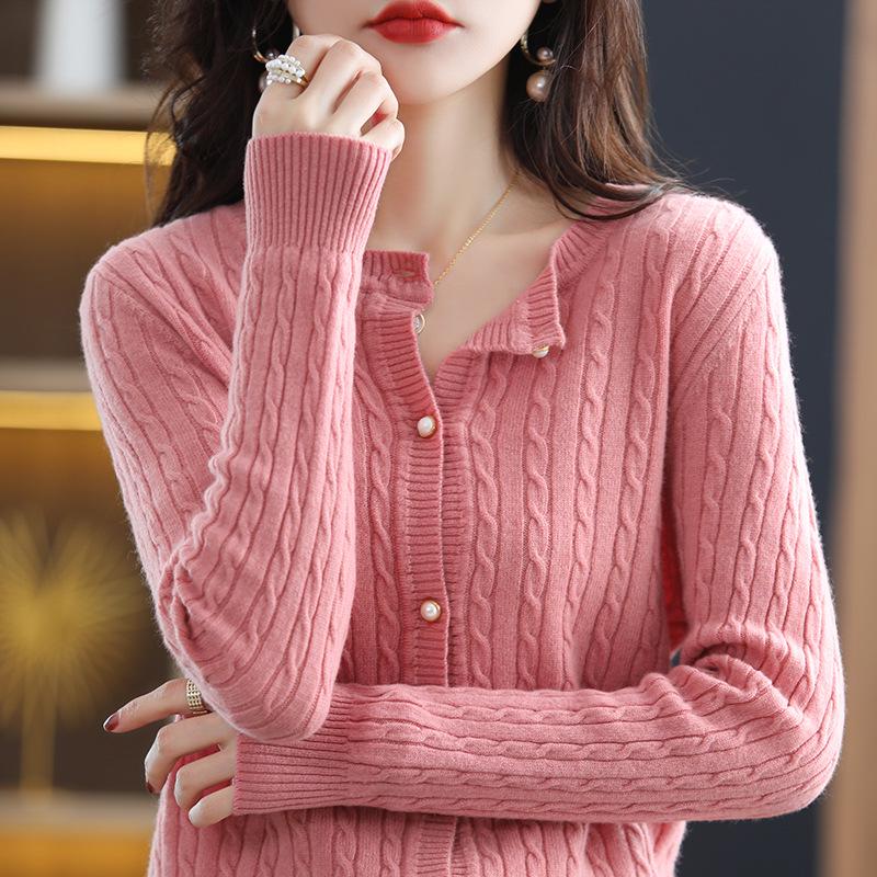 Women's Fashion Pure Wool Round Neck Cardigan - Versatile Autumn & Winter Cashmere Knitwear Sweater