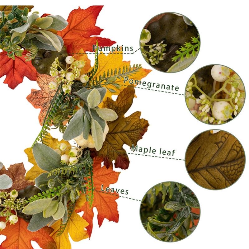Artificial Wreath with Pumpkins Thanksgiving Wreath for Front Door, Window, Farmhouses, Indoor and Outdoor Decorations