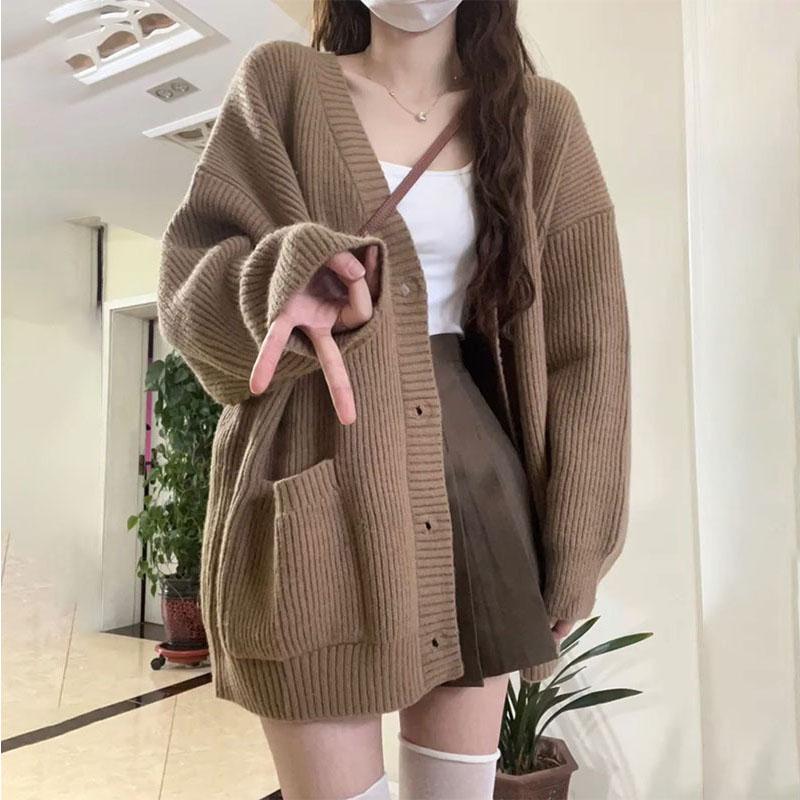 Herbst Winter Frauen Strickjacke Pullover Mäntel Mode Weibliche Lange Hülse V-ausschnitt Lose Gestrickte Jacken Casual Pullover Strickjacken