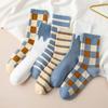 5 Pairs/Pack Kawaii Women Socks Harajuku Trend Women Checkered Stripe Bule Socks Girl Cotton Socks