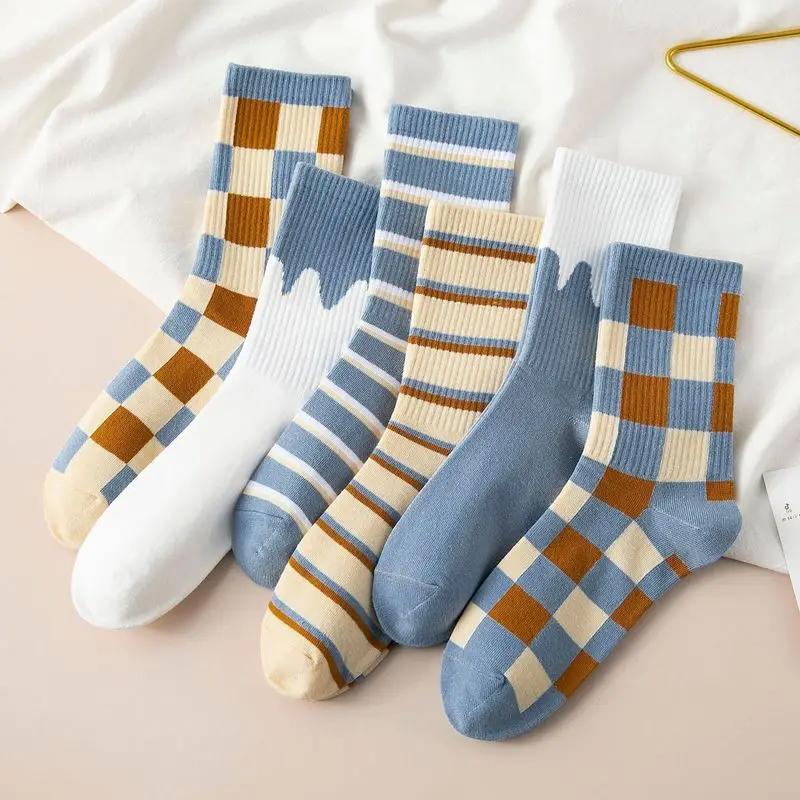 5 Pairs/Pack Kawaii Women Socks Harajuku Trend Women Checkered Stripe Bule Socks Girl Cotton Socks