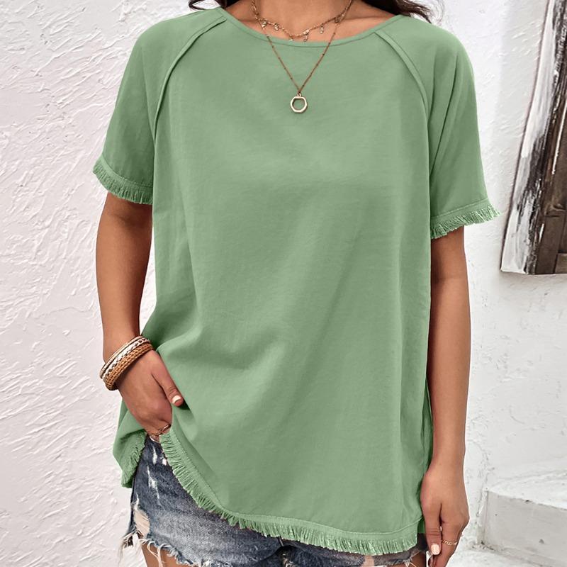 Summer Women's Round Neck Tassel Patchwork Loose Casual T-Shirts Short Sleeve Solid Top