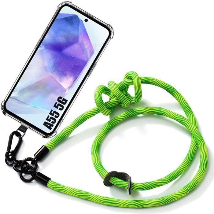 Coque de protection - BOOLING - pour Samsung Galaxy A55 5G - Antichoc - Cordon détachable - Transparent vert fluo